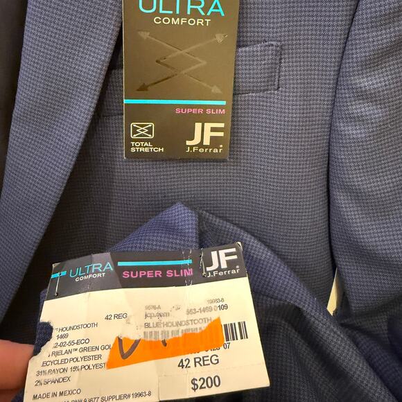 JF J Ferrar Ultra Comfort Super Slim Blue Houndstooth Stretch Blazer 42R Party - Picture 4 of 11